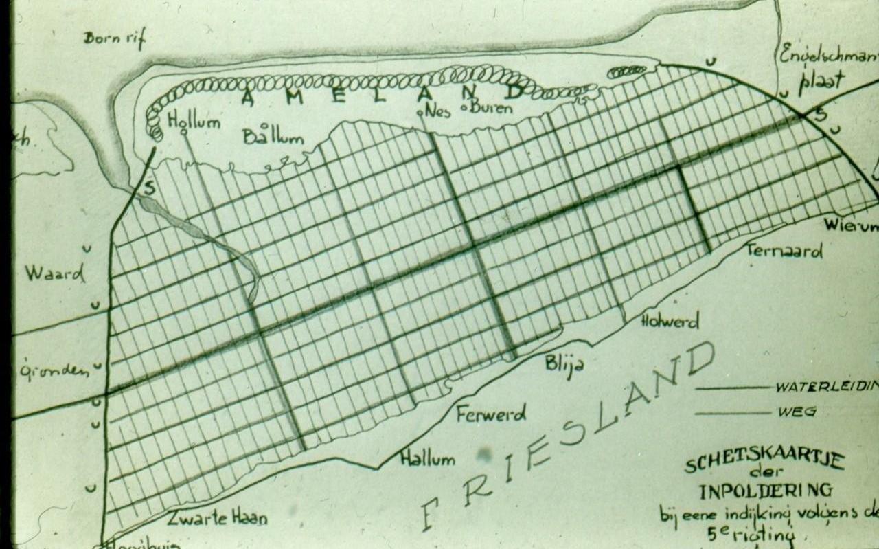 Als de wadwinning tussen de dijk van Nes naar de Bildtpollen voltooid zou zijn onder Ameland, moest dat 15 duizend hectare grond opleveren. Dat schetste Pieter Jan Willem Teding van Berkhout op deze kaart.