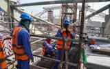Arbeiders werken aan het Al-Wakrah-stadion in een buitenwijk van de Qatarese hoofdstad Doha.