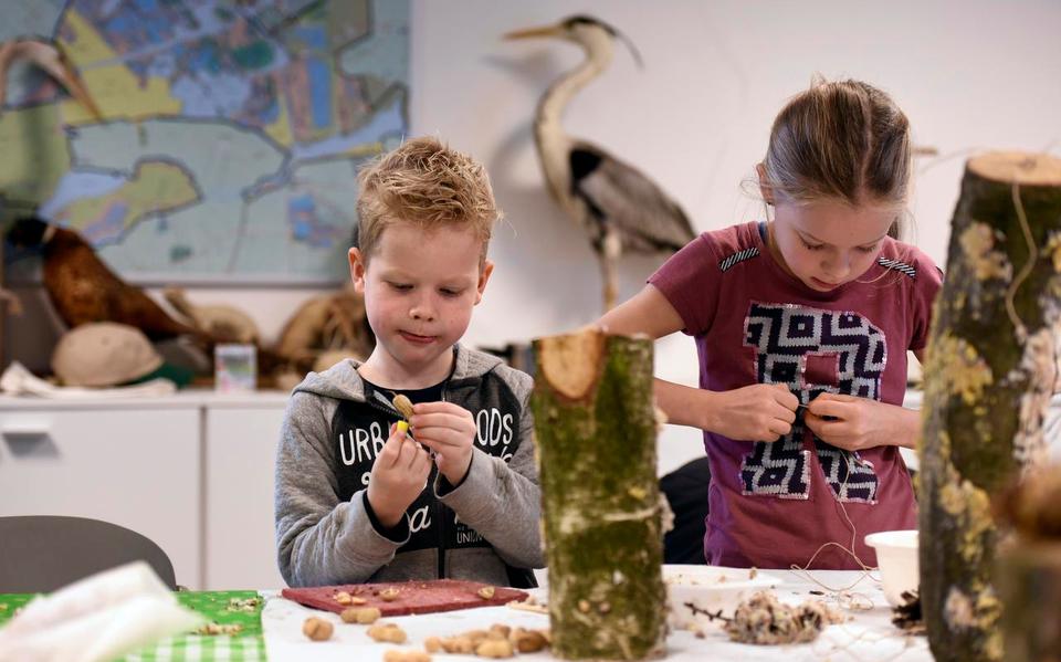 Broer en zus Yfke en Lars de Jong maken vetbolletjes en pindakettingen om vogels mee bij te voeren, tijdens een workshop bij It Fryske Gea in Earnewâld in 2017.