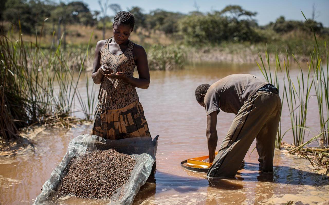 Een vrouw zoekt in de modder van een rivier naar kobalt, in de buurt van een kobaltmijn in Congo.