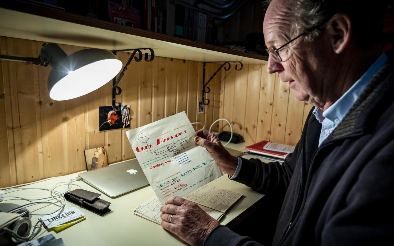 Gerard Wolters in zijn werkkamer met de flyer die hij maakte voor zijn eerste film, eind jaren zestig toen hij een jaar of zestien, zeventien was.