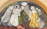 Een fresco uit 1966 in een kerk in Barcelona van de aankondiging door de engel Gabriël van de geboorte van de Messias, gemaakt door Fidel Trias Pages en Raimon Roca.