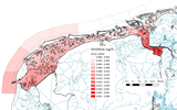 Op de meer rode gedeelten in de Waddenzee zullen, op basis van een modelstudie, meer resten van het medicijn diclofenac in het water drijven.