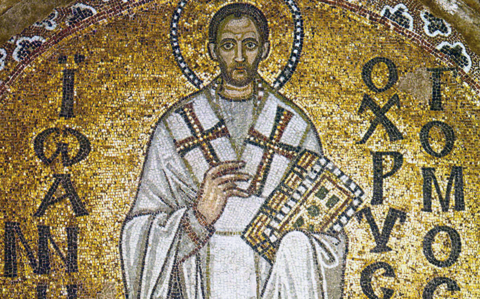 Vroeg-byzantijns mozaïek met een afbeelding van Johannes Chrysotomus.