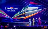 Presentatoren Edsilia Rombley, Chantal Janzen, Jan Smit en Nikkie de Jager tijdens de finale van het Eurovisie Songfestival 2021.