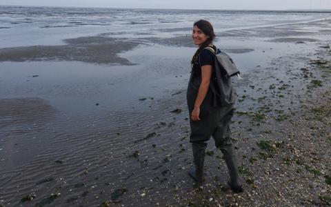 Beatriz Marin Diaz tijdens het onderzoek in de Waddenzee. 