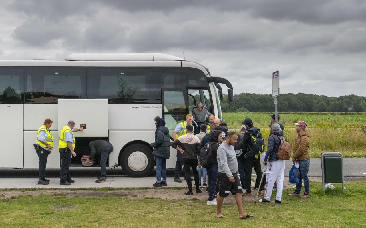 Een groep asielzoekers die eerder dit jaar aankwam bij het aanmeldcentrum in Ter Apel.