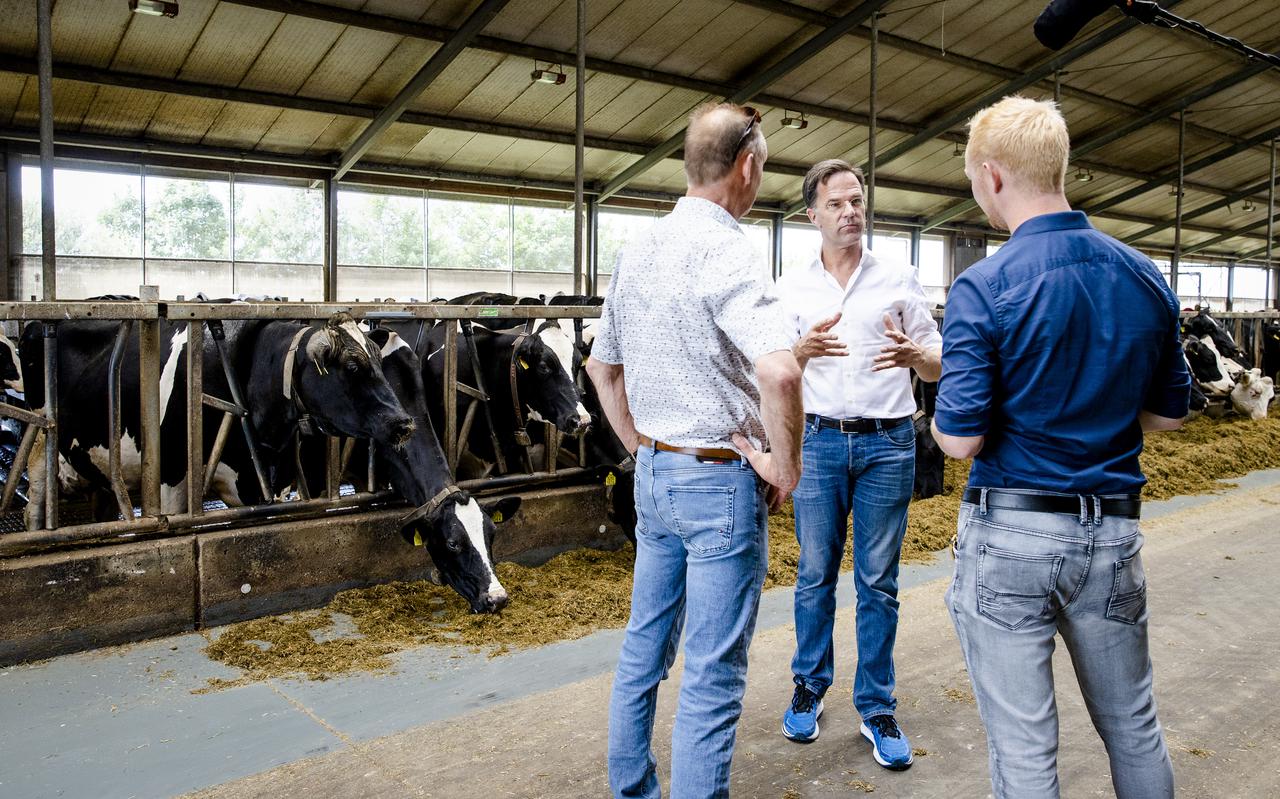 Minister-president Mark Rutte krijgt een rondleiding op een melkveebedrijf voorafgaand aan een gesprek met boeren over de stikstofplannen.