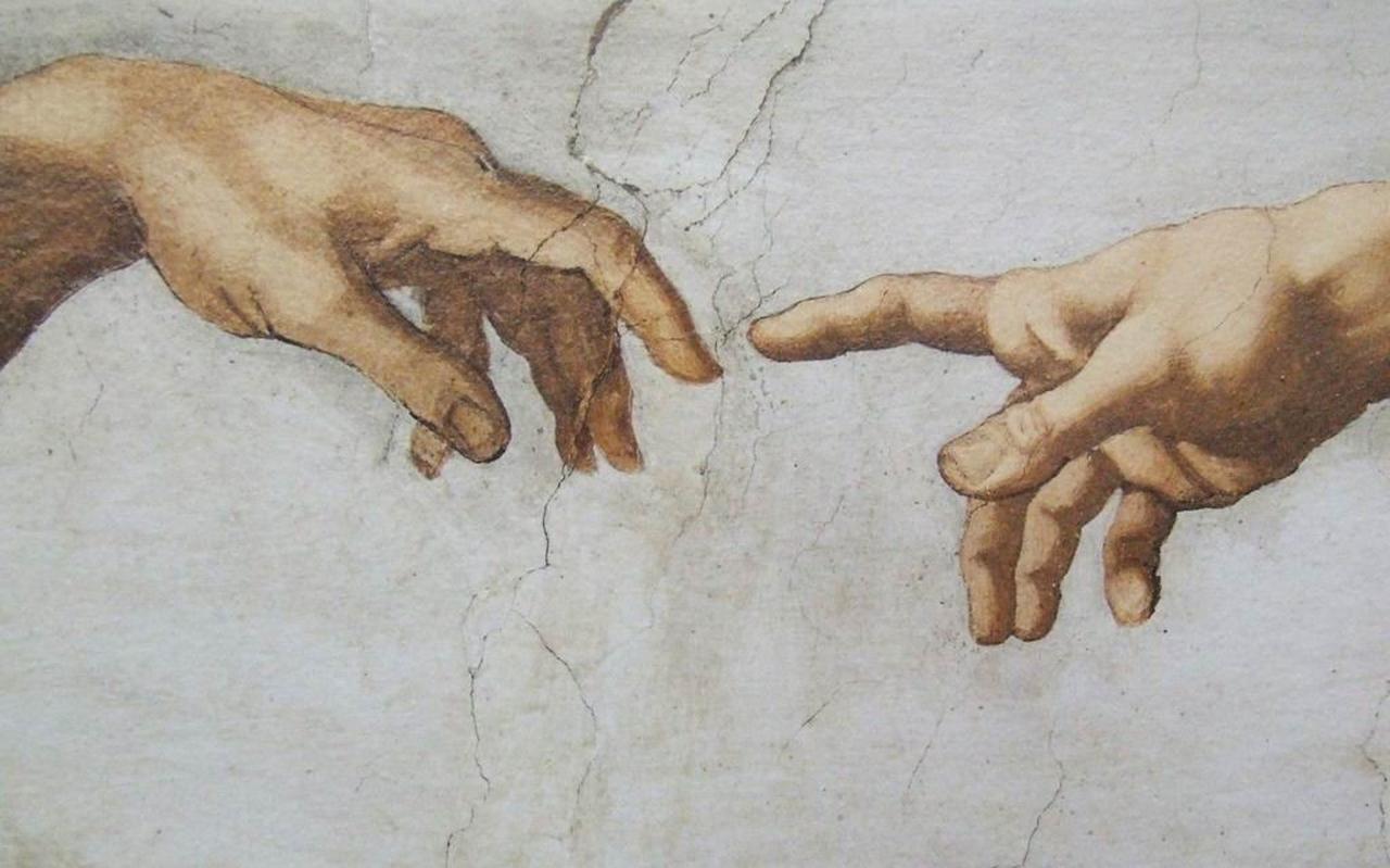 Detail uit De schepping van Adam, het fresco op het gewelf van de Sixtijnse Kapel in Vaticaanstad geschilderd door Michelangelo rond 1511. Detail uit De schepping van Adam, het fresco op het gewelf van de Sixtijnse Kapel in Vaticaanstad geschilderd door Michelangelo rond 1511.