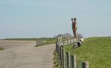 De beelden Wachten op hoog water van kunstenaar Jan Ketelaar bij Holwerd. Op de voorgrond moet de doorsteek door de waddendijk komen, is het plan. 