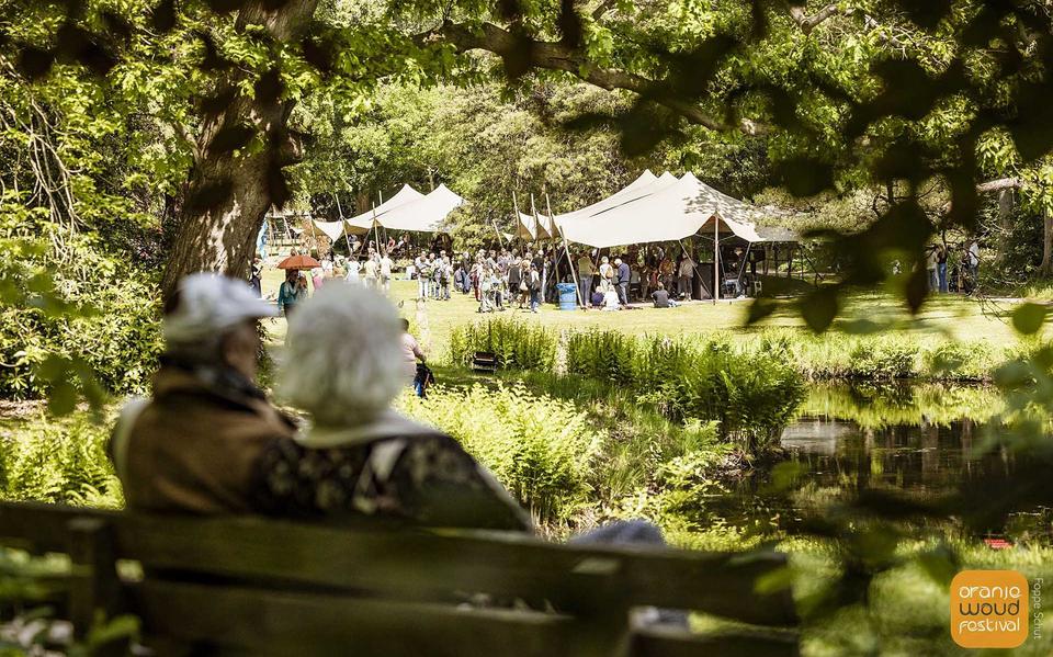 Bezoekers van het Oranjewoud Festival genieten van het mooie weer en van de muziek.