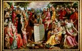 Mozes met de tafelen der wet te midden van Israëlieten als 'portraits historiés' verbeeld door de Antwerpse familie Panhuys met verwanten en vrienden. Schilder: Maerten de Vos  (1532–1603).