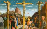 De kruisiging, geschilderd door Andrea Mantegna  (1431–1506). De soldaten rechts dobbelen.