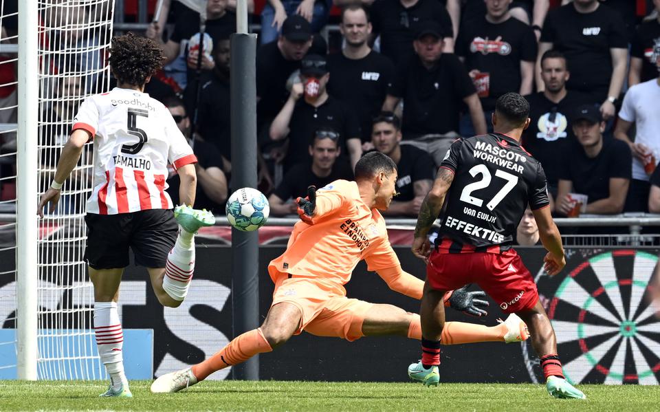 Milan van Ewijk geeft PSV-doelman Walter Benitez het nakijken en scoort zijn zesde competitietreffer. De rechtsback, die deze zomer het Abe Lenstrastadion zal verlaten, is daarmee achter spits Sydney van Hooijdonk (zestien goals) de meest scorende speler van Heerenveen.
