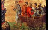 De ontmoeting tussen de discipelen en de opgestane Jezus bij het Meer van Tiberias, zoals te zien op dit fresco uit 1311 van Duccio di Buoninsegna.