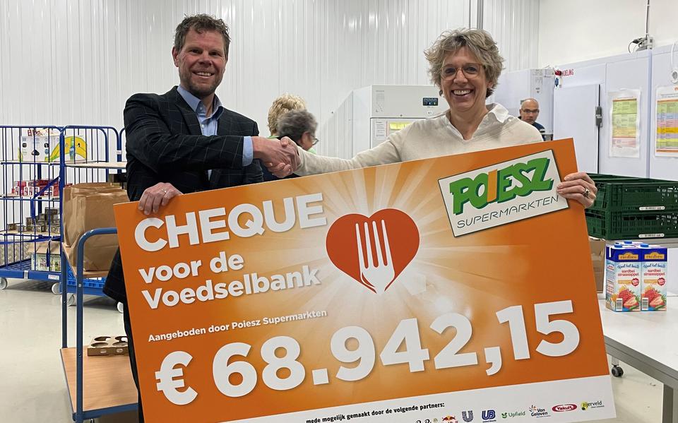 In de vestiging van de Voedselbank in Sneek overhandigt commercieel manager Richard Poiesz (l) de cheque aan Liliane van Heteren (Fondsenwerving Voedselbanken Nederland). 