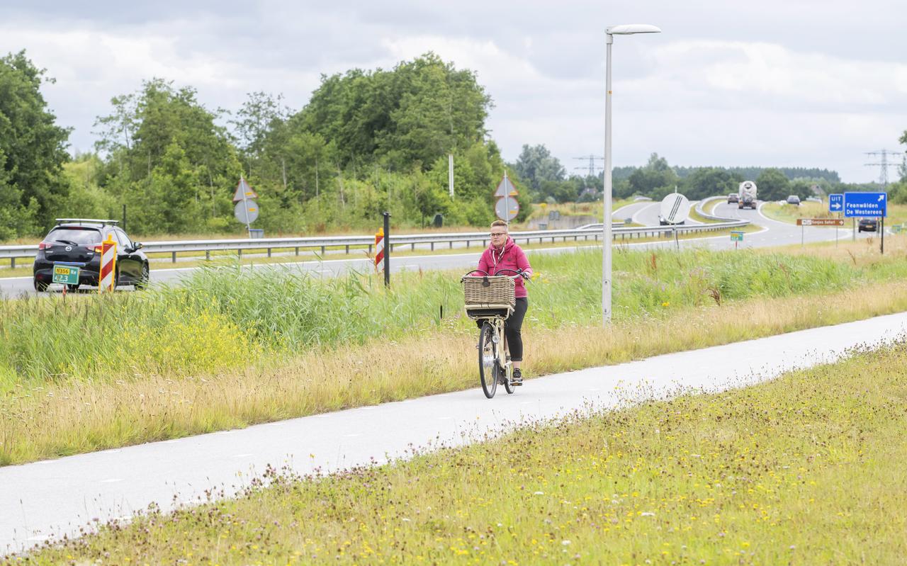 Een fietser op het fietspad naast de Sintrale As tussen Feanwâlden en Damwâld.