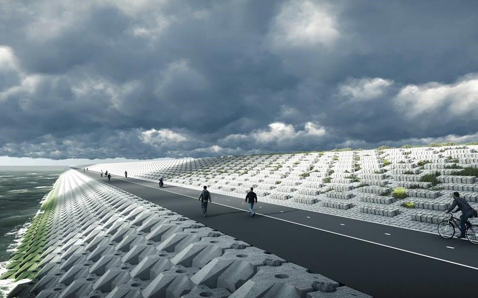 Een artist impression van het nieuwe fietspad op de Afsluitdijk.