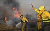 Brandweermensen proberen een natuurbrand te blussen bij het dorp Tabara, bij Zamora in Noord-Spanje.
