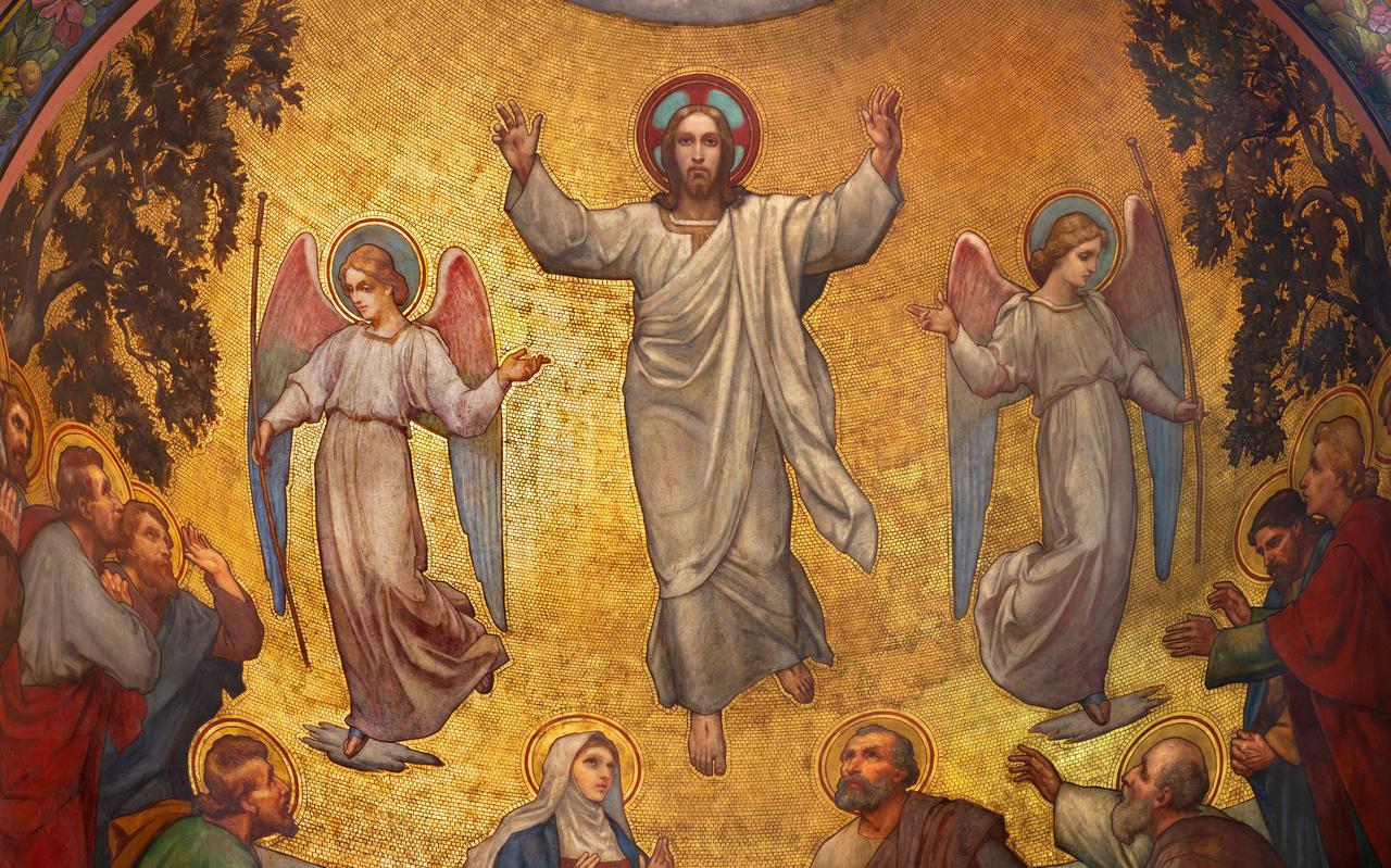 Fresco van Christus' hemelvaart in een kerk in Tsjechië, door S. G. Rudl. Geschilderd rond 1900.