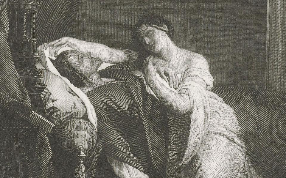 Een negentiende-eeuwse prent van Johann Wilhelm Kaiser die Johanna treurend bij het lichaam van Filips toont.