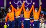 (VLNR) Antoinette de Jong, Marrit Leenstra, Lotte van Beek en Ireen Wust na afloop van de finale van de ploegenachtervolging in de Gangneung Oval tijdens de Olympische Winterspelen van Pyeongchang. Ze wonnen zilver. ANP