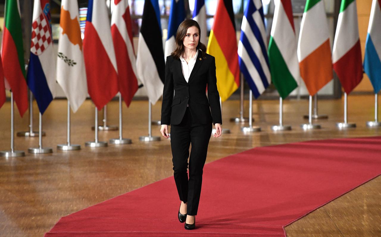 De Finse premier Sanna Marin bij een Europese top in Brussel.