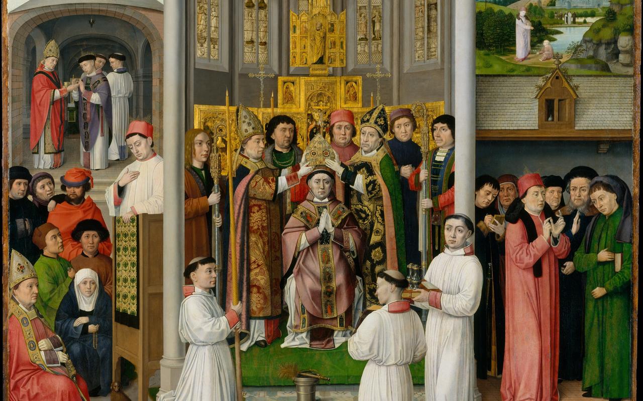 Middenpaneel van het veertiende-eeuwse schilderij de Legende van de heilige Augustinus. Middenpaneel van het veertiende-eeuwse schilderij de Legende van de heilige Augustinus.