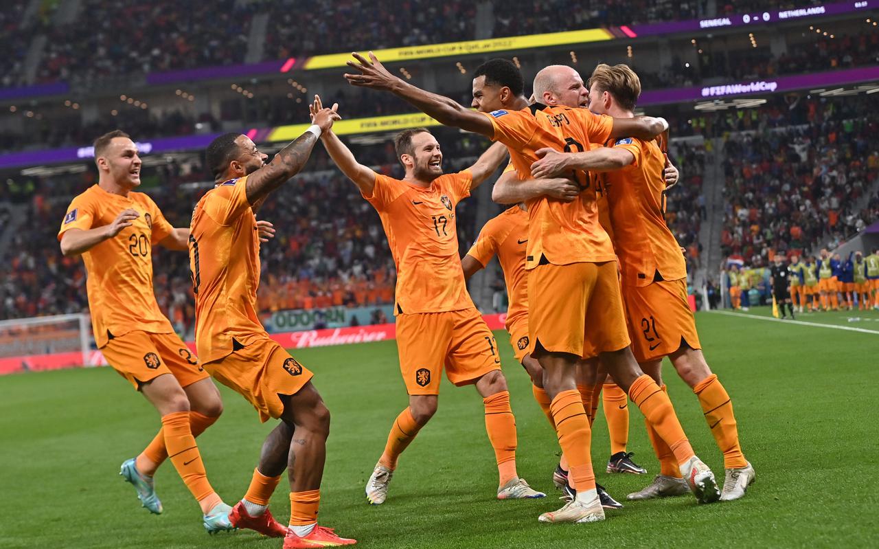 De spelers van Oranje vieren feest na de 0-1 van Cody Gakpo.