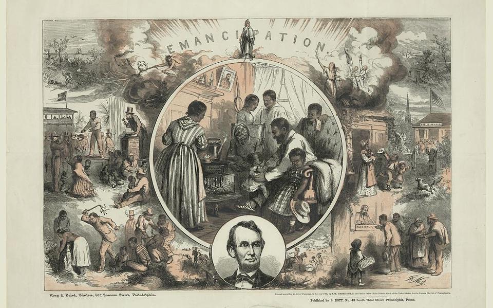 Briefkaart ter viering van het einde van de burgeroorlog en de afschaffing van de slavernij in de Verenigde Staten onder president Lincoln in 1865. Gepubliceerd door S. Bott, Philadelphia.