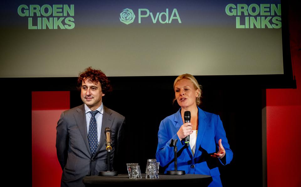 Jesse Klaver en Attje Kuiken tijdens de presentatie van de conceptkandidatenlijsten van GroenLinks en PvdA voor de Eerste Kamerverkiezingen. 