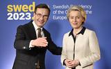 De Zweedse premier Ulf Kristersson (l) en voorzitter Ursula von der Leyen van de Europese Commissie in Stockholm, 12 januari. Zweden is van 1 januari tot 1 juli EU-voorzitter.  