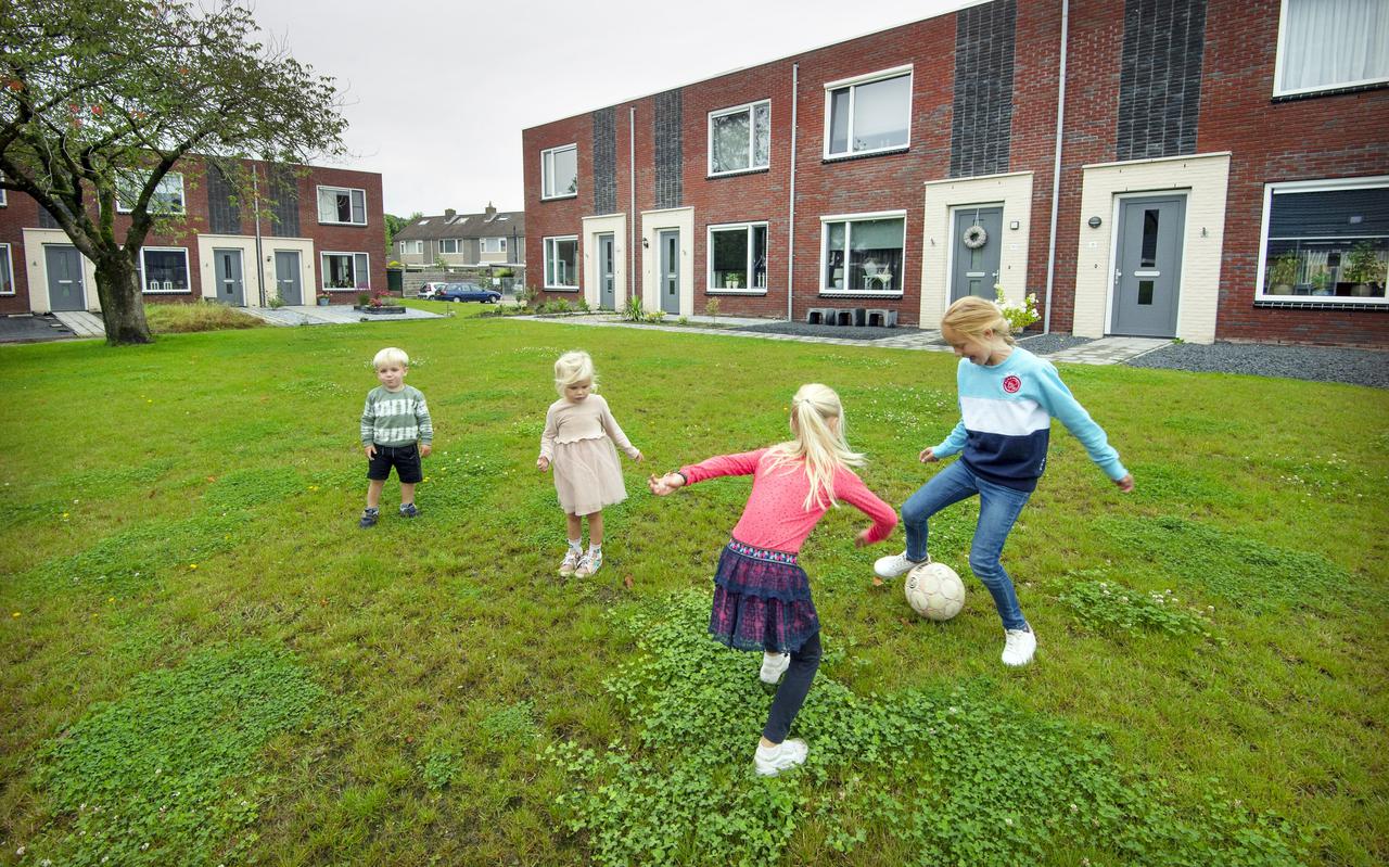 Kinderen spelen in de Kastanjehof in Kollumerzwaag.