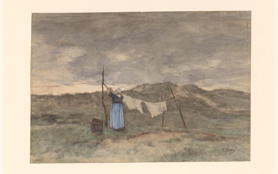 Vrouw bij een waslijn in de duinen, Anton Mauve, 1848 - 1888.