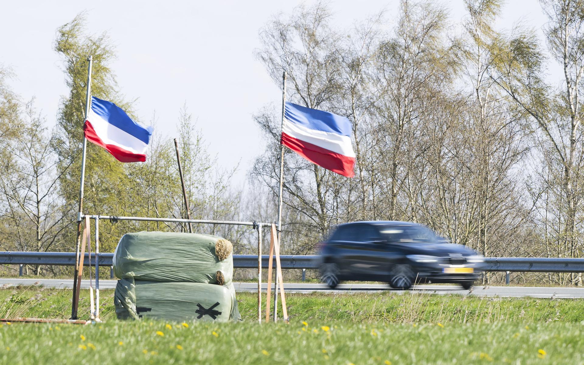 Omgekeerde Nederlandse vlaggen langs de Wâldwei ter hoogte van Nijega. 