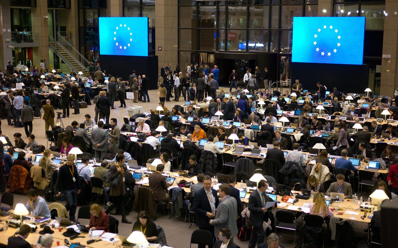 Perscentrum in het gebouw van de Europese Raad tijdens een Europese top. 