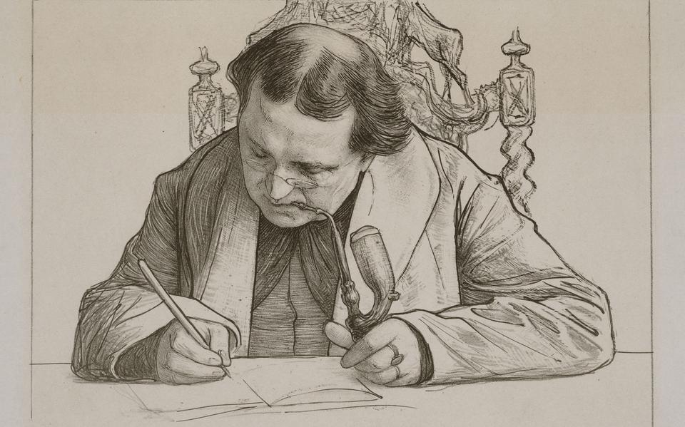 Illustratie van een schrijvende Abraham Kuyper door Jan Veth in 1902. 