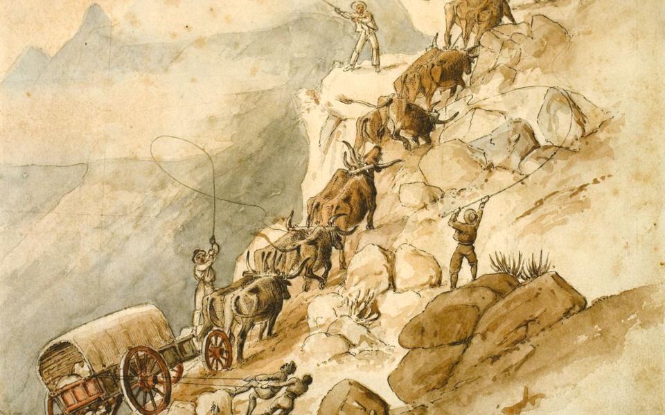 Cradock Pass, Outeniqua bergen. Pen en waterverf, Charles Collier Michell (1793-1851). Museum Africa, Johannesburg. 
