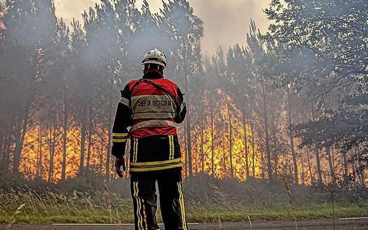 Een brandweerman aanschouwt de natuurbrand in Landiras, Frankrijk.