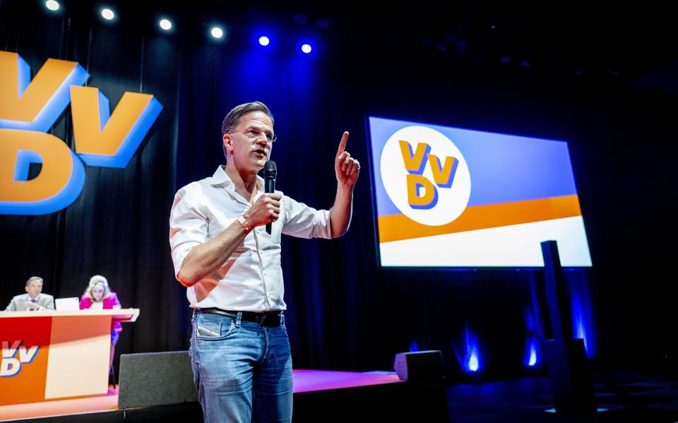VVD-leider en premier Mark Rutte op het partijcongres van de liberalen zaterdag. 
