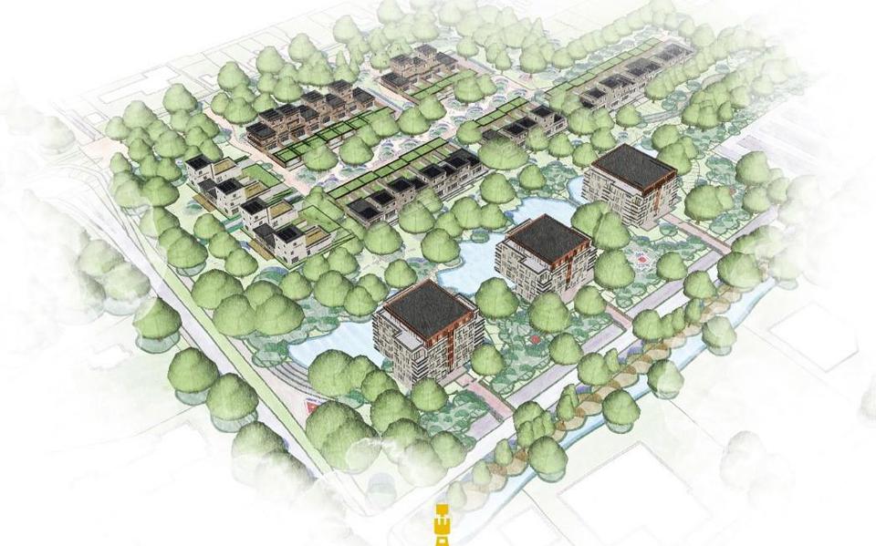 De beoogde nieuwe inrichting van het Jongbloed-terrein, met rechts de drie appartementencomplexen en daarboven de woningen.