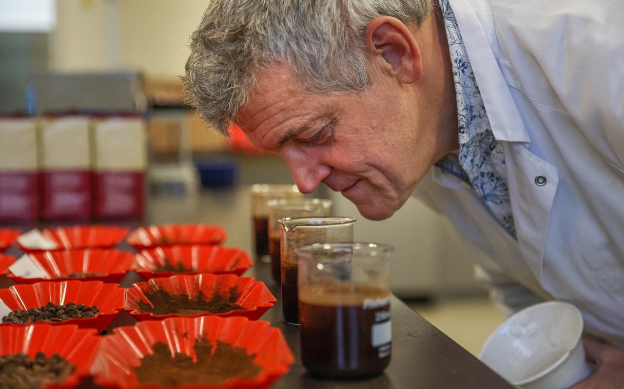 Peter Wolthuizen ruikt aan de koffie, bij het testen van de koffie.