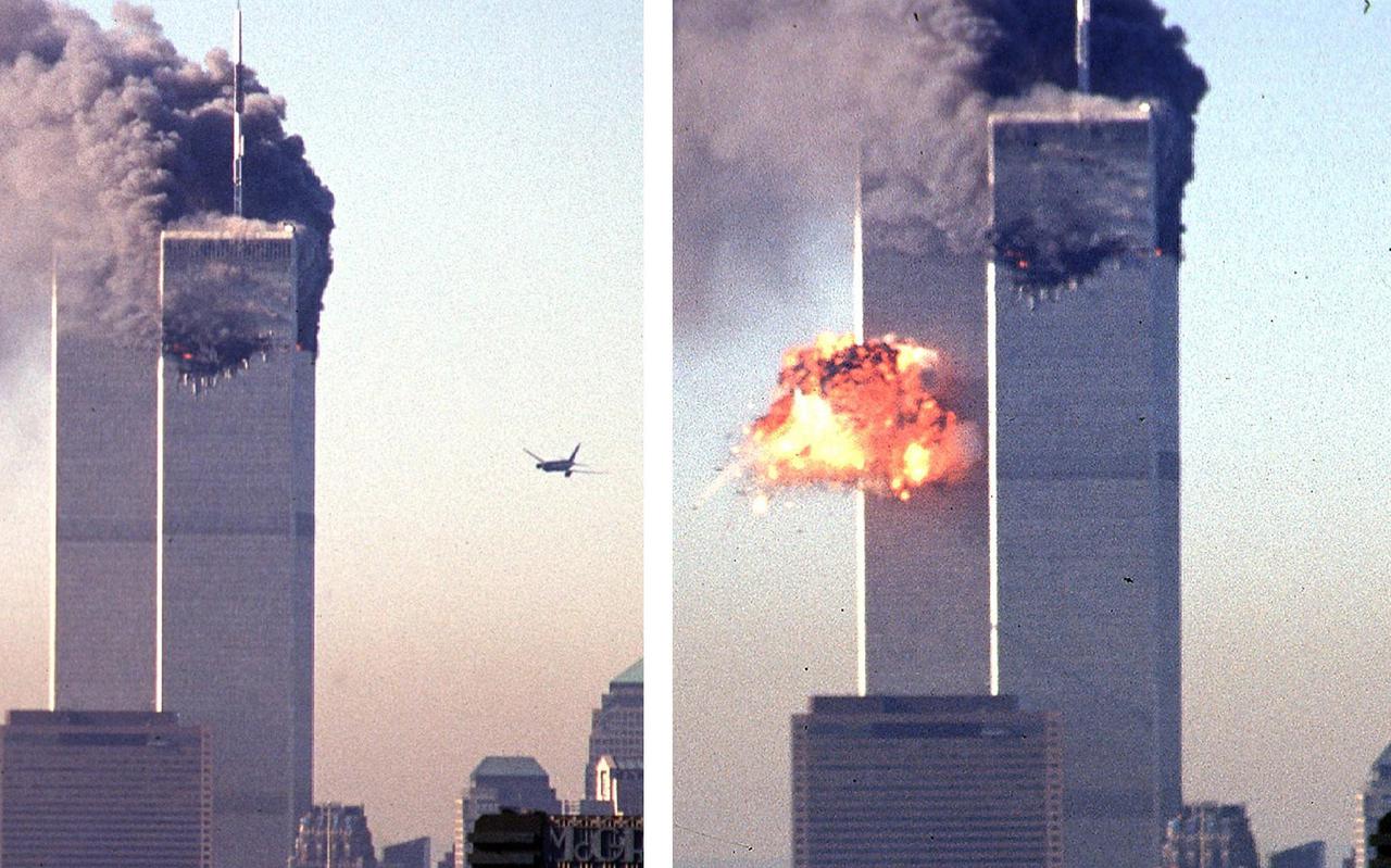Compilatie van het moment waarop het tweede vliegtuig de tweede toren van het World Trade Center in New York in vliegt.