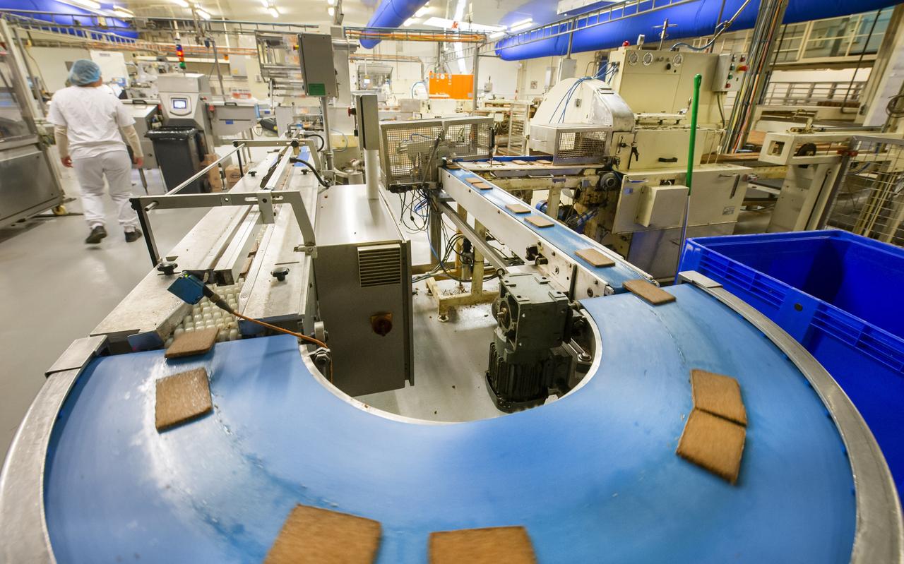 Plakjes roggebrood op de lopende band bij bakkerij Van der Meulen in Broeksterwâld. Het bedrijf gaat de roggebroodtak afstoten. Plakjes roggebrood op de lopende band bij bakkerij Van der Meulen in Broeksterwâld. Het bedrijf gaat de roggebroodtak afstoten.