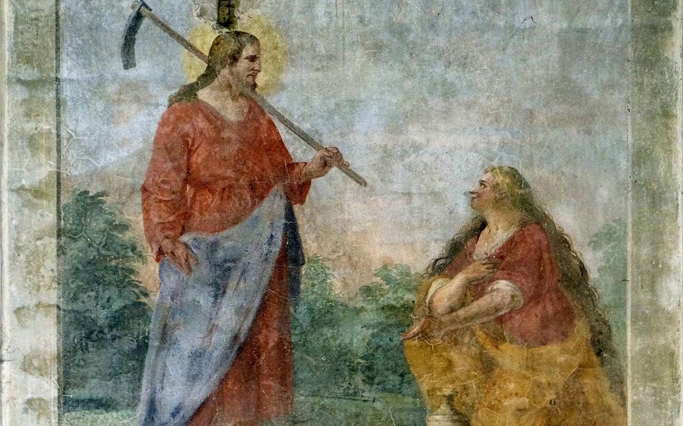 Een fresco met de verschijning van de opgestane Jezus aan Maria van Magdala in de Basilica Sante Croce in Florence.