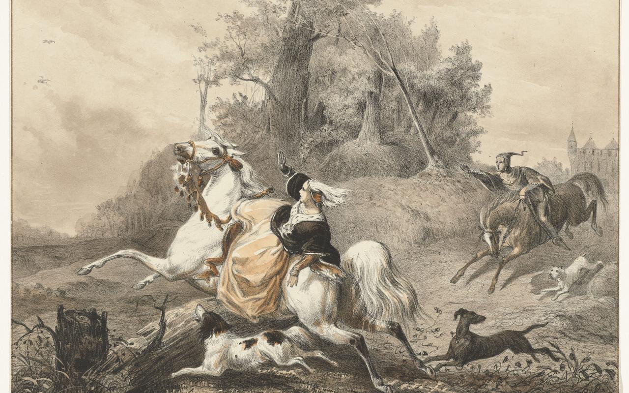 Het fatale jachtongeluk van Maria van Bourgondië op een negentiende-eeuwse lithografie. Het fatale jachtongeluk van Maria van Bourgondië op een negentiende-eeuwse lithografie.
