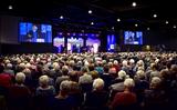 Archiefbeeld van de grote zaal van Bethel in Drachten tijdens een vrouwendag in april 2018. 