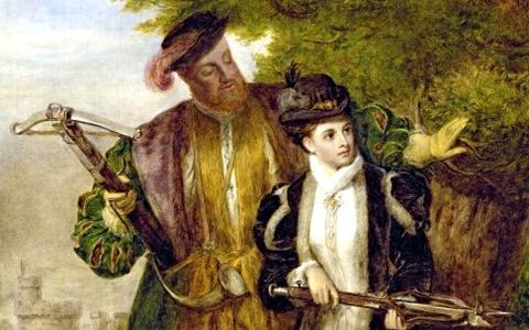 Een geromantiseerd schilderij van Hendrik VIII en Anne Boleyn, op jacht in de bossen van Windsor.