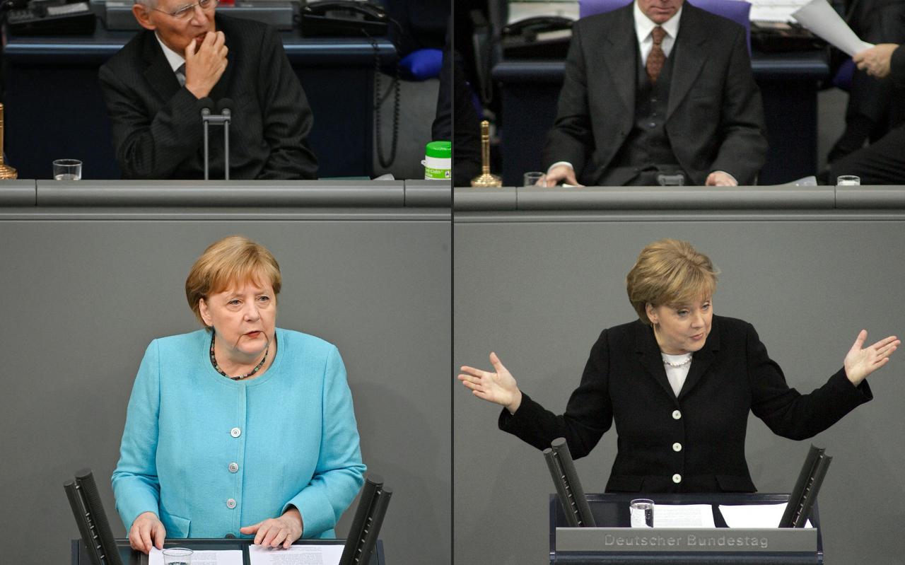 Merkel donderdag en in 2005 in de Bondsdag. Ze houdt er na bijna 16 jaar als regeringsleider mee op. 