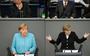 Merkel donderdag en in 2005 in de Bondsdag. Ze houdt er na bijna 16 jaar als regeringsleider mee op. 